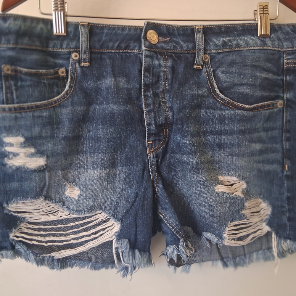 American Eagle Outfitters Distressed Jean Shorts Medium-Dark Blue